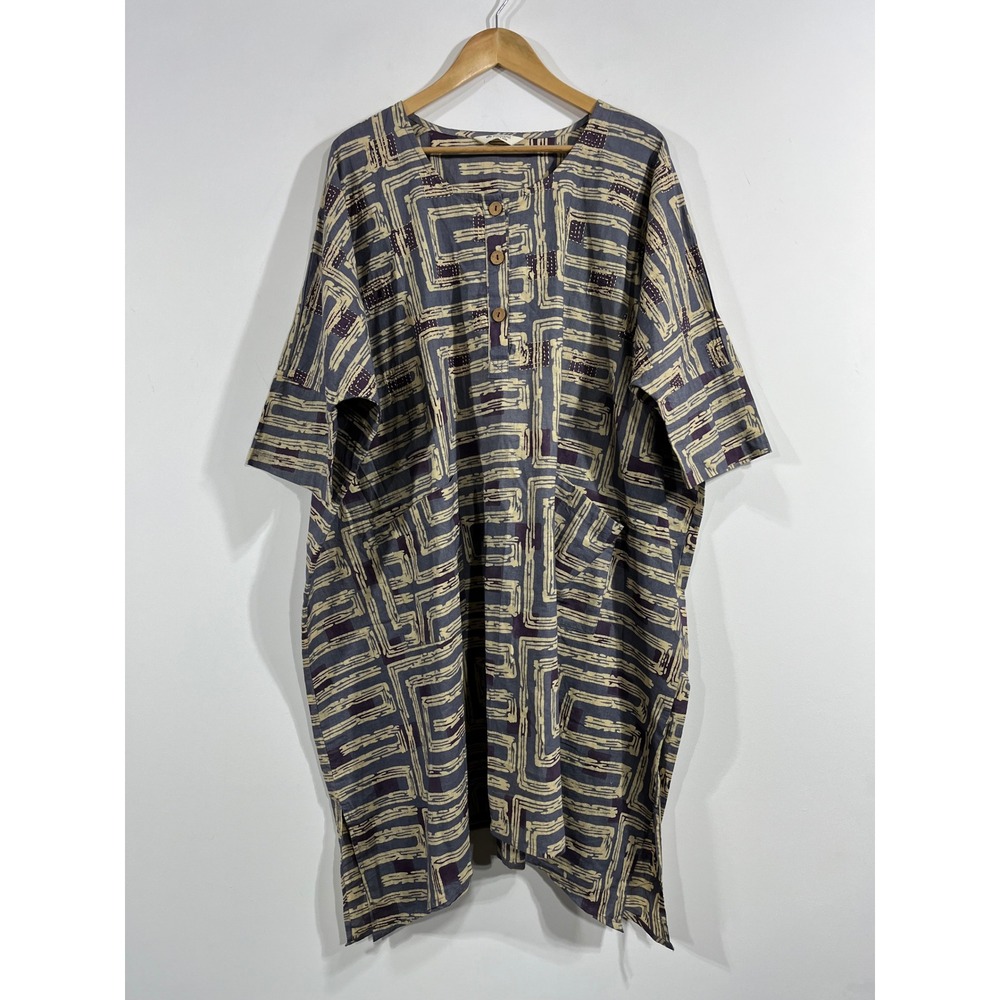 Marketplace Handwork of India Boho Cotton Block Print Kaftan Dress OS Lagenlook